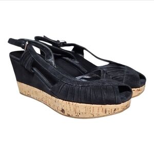 PRADA | Black and Tan Peep-Toe Wedge Sandals in Size EU 35 / US 5